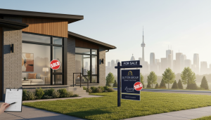 Modern Toronto house with for sale sign and realtor clipboard, staged interior visible, morning light