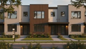 Row of modern townhouses with a For Sale sign in front at golden hour