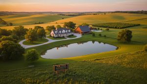 Aerial view of luxury acreage with farmhouse, barn, pond, and realtor sign at golden hour.