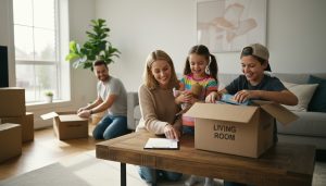 Family packing moving boxes together, kids engaged and calm, parent showing a checklist