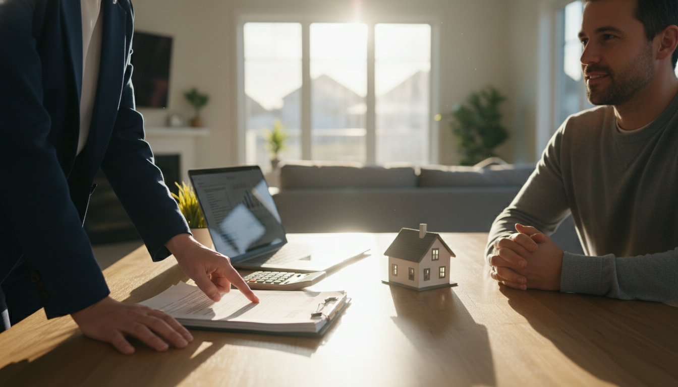 Insurance expert reviewing policy documents with homeowner at a kitchen table with house model and laptop