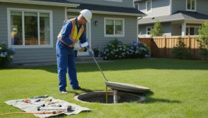 Septic system inspector lifting tank lid with clipboard in suburban backyard