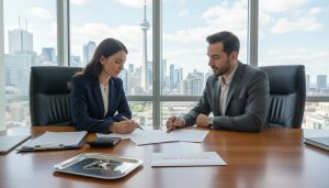 Realtor and client reviewing contract with envelope labeled 'HOLDBACK' on desk near Toronto skyline.