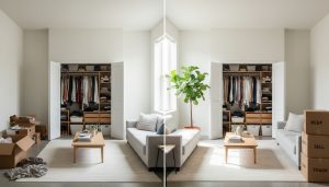 Staged modern living room after decluttering with labeled boxes and open, organized closet