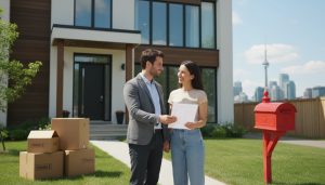 Realtor handing moving checklist to couple outside house with moving boxes and mailbox in Toronto