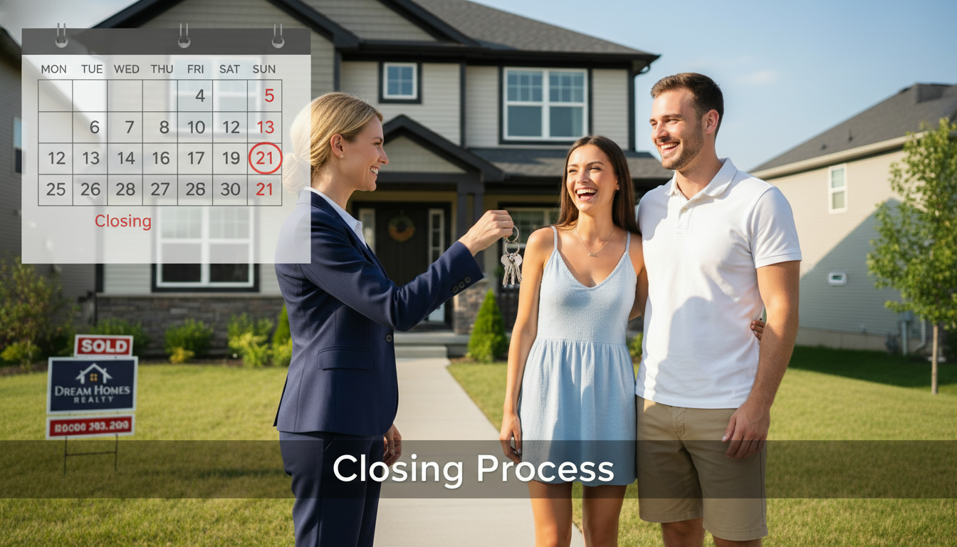 Realtor handing keys to buyers with a calendar showing final days before closing, representing the closing process and stopping showings.
