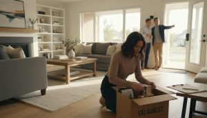 Homeowner packing valuables in a box during an open house in a staged living room