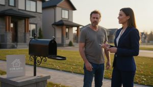 Real estate agent calmly advising a stressed homeowner beside a suburban house and empty mailbox