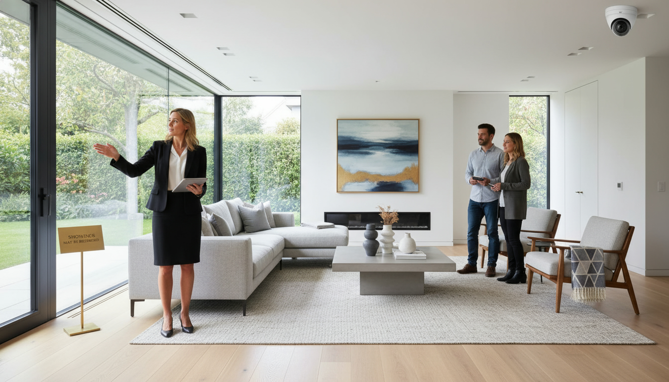Realtor guiding visitors in a living room with a sign that says 'Showings may be recorded' and a visible security camera.