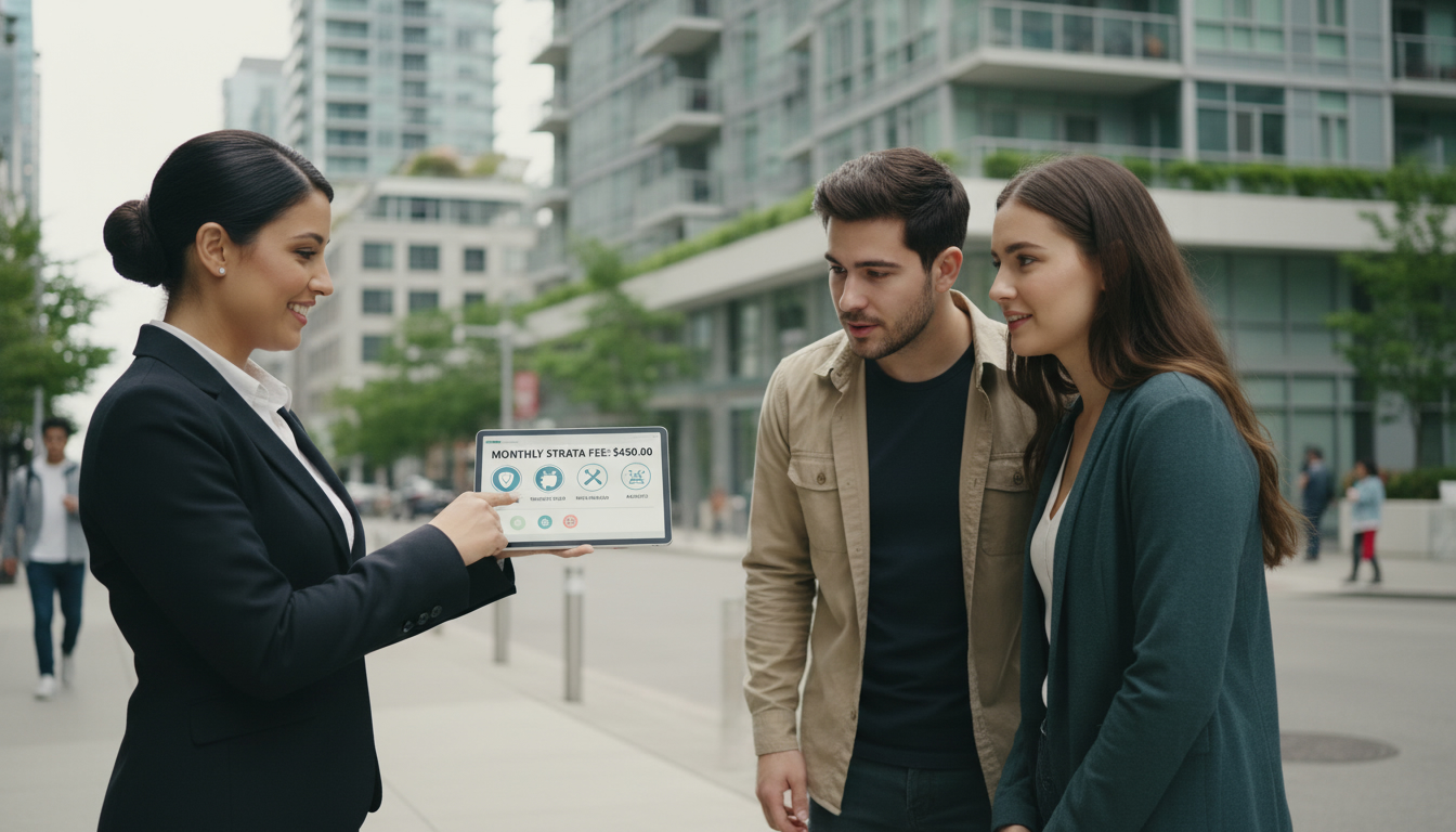 Realtor explaining strata fees to a couple outside a modern condo building with invoice and calculator visible