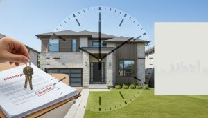 House with discharge documents and clock showing fast mortgage discharge process