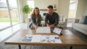 Realtor and homeowner reviewing a pre-listing home inspection report with checklist and photos in a modern living room.