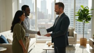 Realtor calmly explaining a timeline to a smiling couple in a modern home, tablet showing checklist and timeline.