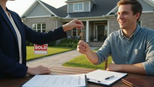 Real estate agent handing keys to buyer with mortgage payoff documents and Sold sign in front of house
