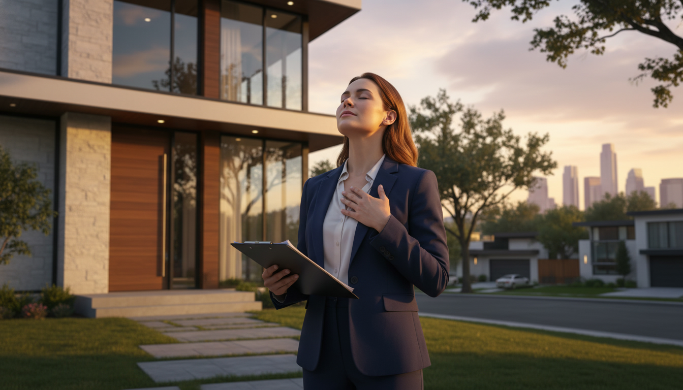 Realtor taking a calming breath between showings outside a modern home
