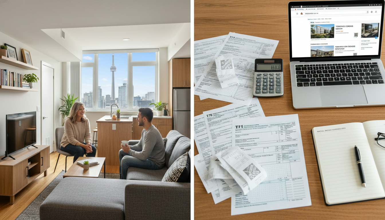 Split-view of a homeowner renting a basement suite and tax forms with calculator