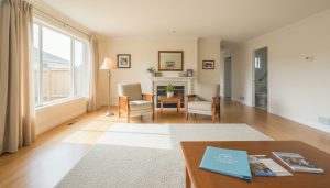 Staged living room for older buyers with clear pathways, warm lighting, and accessible seating