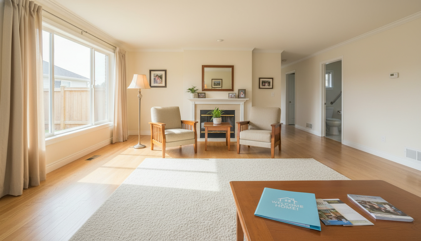 Staged living room for older buyers with clear pathways, warm lighting, and accessible seating
