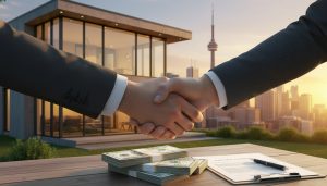 House for sale with cash stack and handshake, Toronto skyline, realtor clipboard