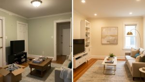 Split image showing before-and-after staging: damaged scuffed room vs clean, staged living room
