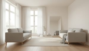 Staged small living room appearing spacious with mirrors, neutral walls, and minimalist furniture