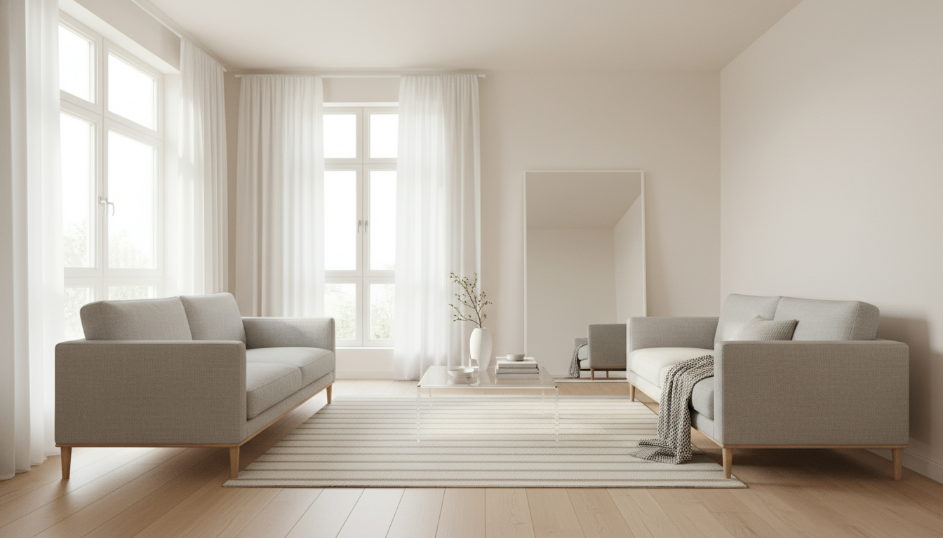 Staged small living room appearing spacious with mirrors, neutral walls, and minimalist furniture