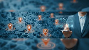 City map with geo-targeting rings, location pins, house icons and a realtor holding a smartphone displaying ad analytics.