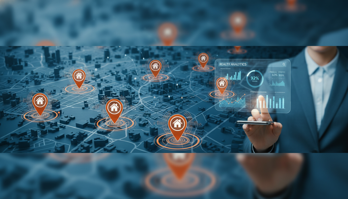 City map with geo-targeting rings, location pins, house icons and a realtor holding a smartphone displaying ad analytics.