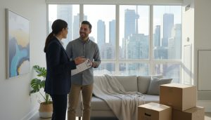 Realtor advising homeowner about leaving furniture behind during a move in a staged living room.