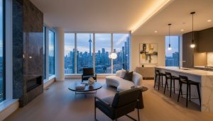 Modern luxury condo interior with Toronto skyline view, professional staging and warm lighting