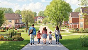 Family walking in suburban neighborhood park