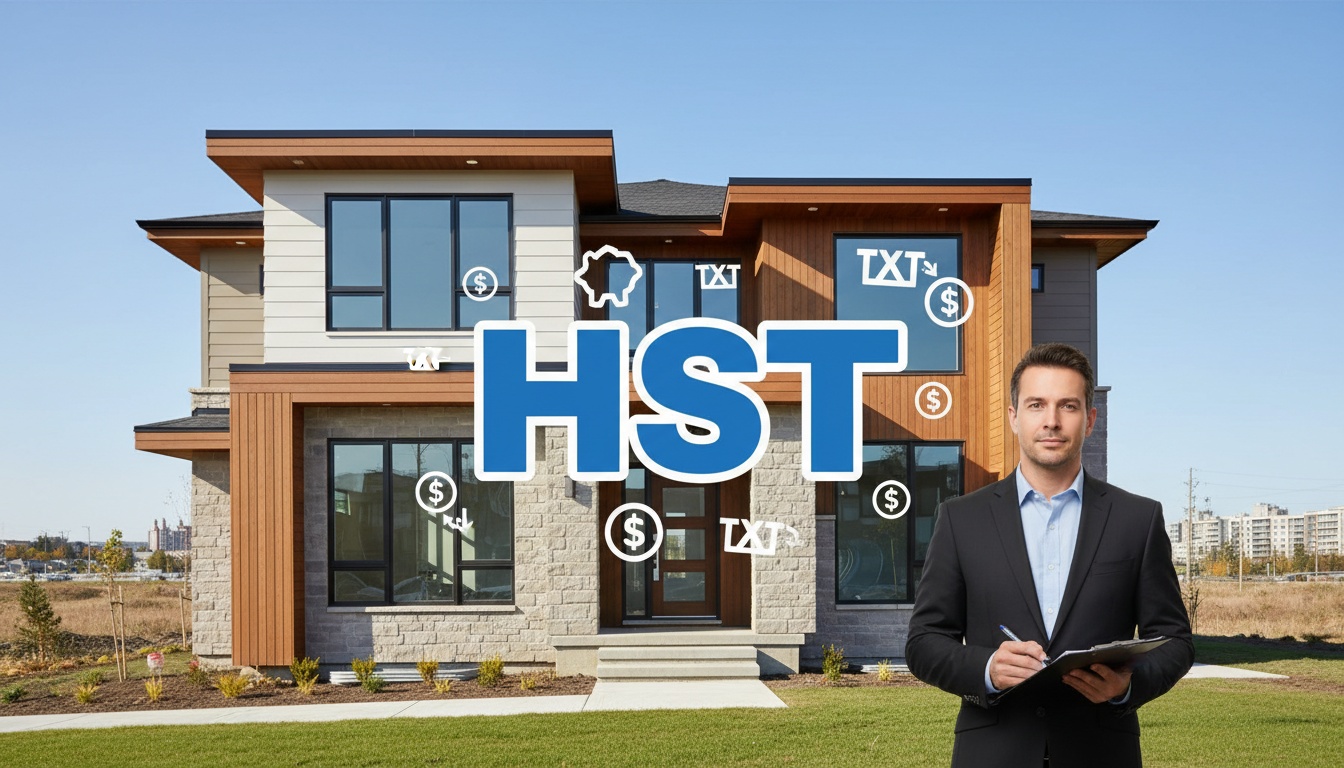 Real estate agent with clipboard in front of a new build house with HST tax icon overlay