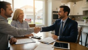 Real estate agent reviewing mortgage documents with homeowners at kitchen table, For Sale sign visible