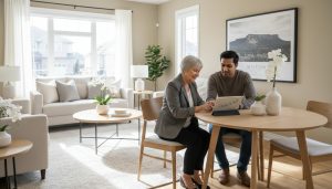 Realtor advising a family about selling an elderly parent's home in Milton, Ontario with staged interior and market tablet.