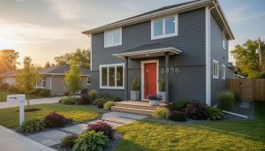 Modern suburban home with fresh paint, bold front door, manicured landscaping and warm exterior lighting