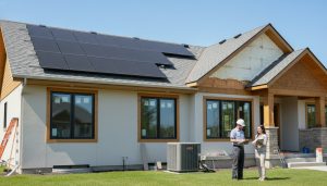 Modern house with solar panels, new windows, attic insulation, and technician inspecting HVAC