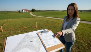 Agent reviewing permit documents and site plan on a rural lot with farmhouse in background