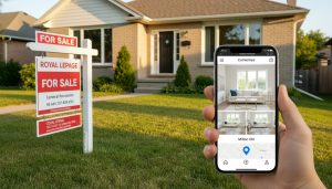 Milton Ontario house with For Sale sign and smartphone showing online property listing