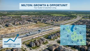 Aerial view of Milton, Ontario with GO station, highways, and a rising property value graph overlay showing neighbourhood pins.