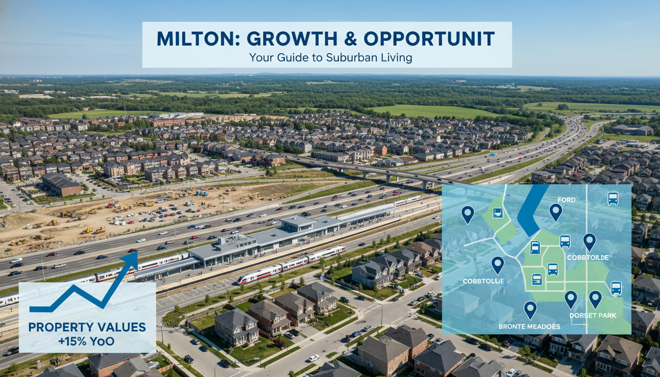 Aerial view of Milton, Ontario with GO station, highways, and a rising property value graph overlay showing neighbourhood pins.