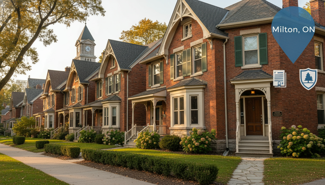 Historic Milton streetscape with heritage homes, map marker ‘Milton, ON’ and legal document icons