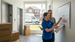 Moving coordinator pointing at calendar with moving truck and boxes outside a Milton, Ontario home