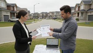 Appraiser reviewing comparable sales with homeowner on a Milton street; printed MLS sheets and tablet visible.