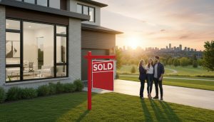 Milton Ontario suburban home with sold sign, staged interior visible, agent handing keys to buyers