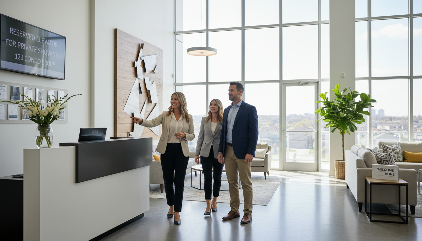Realtor guiding buyers through a modern Milton condo lobby with reserved elevator and concierge desk