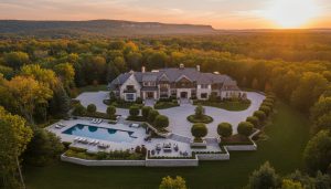 Aerial view of a luxury estate home in Milton, Ontario with landscaped grounds and Niagara Escarpment backdrop at sunset.