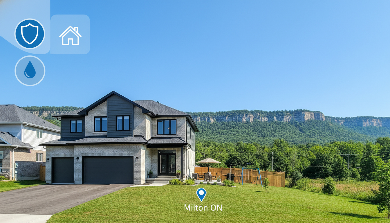 Milton Ontario suburban home with escarpment in background and insurance icons overlay