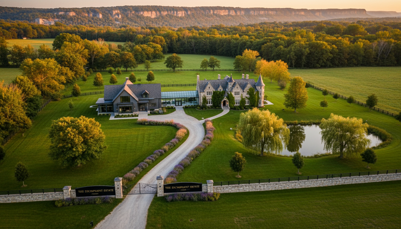 Aerial view of a luxury rural property in Milton, ON with rolling acreage and farmhouse near the escarpment.