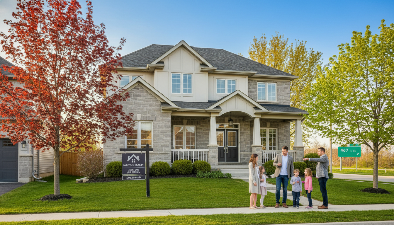 Suburban Milton Ontario house in spring with a 'For Sale' sign and family viewing the property