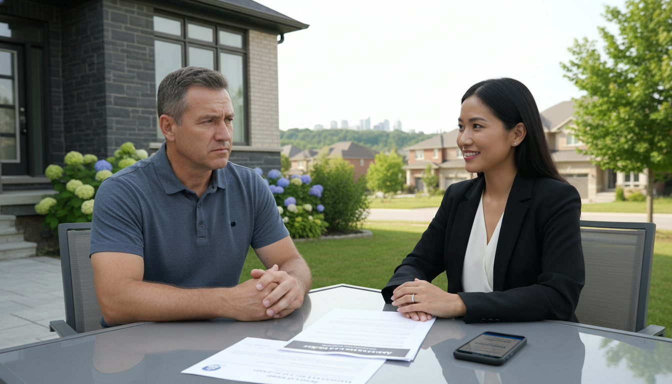 Real estate agent advising a worried buyer in front of a Milton, Ontario suburban house with paperwork and a mortgage denial letter visible.